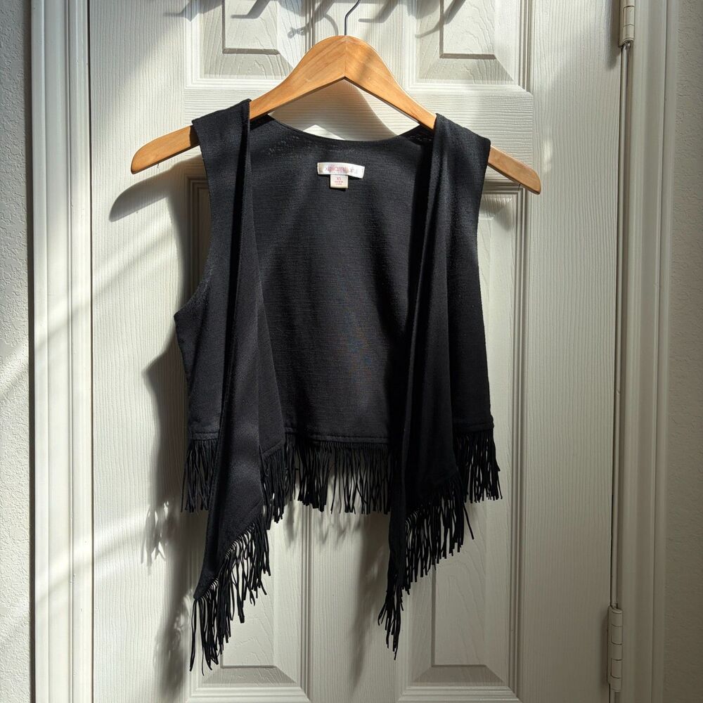 y2k rocker witchy boho black suede fringe crop vest